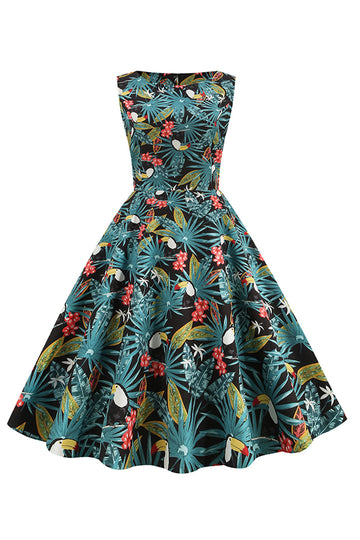 Feuilles vertes Imprimée Vintage 1950s Robe